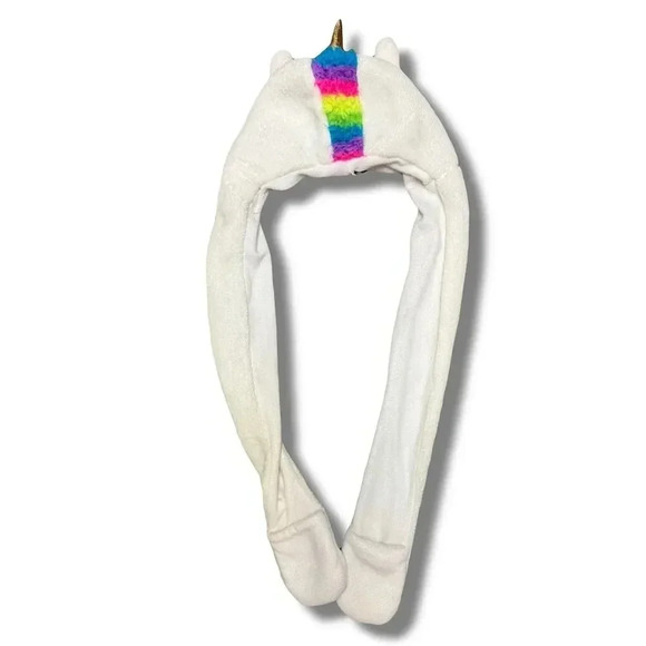 Unicorn Hooded Scarf with Hand Pouches White Unisex One Size - Picture 4 of 6